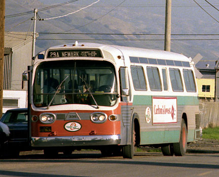 AC Transit bus 335 in Newark in April 1979