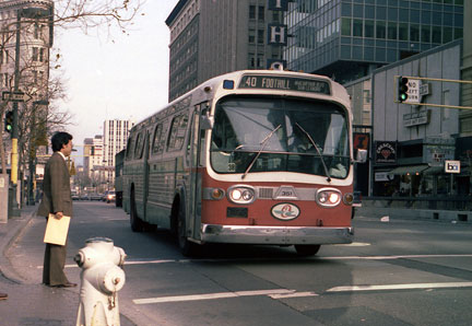 AC Transit bus 351 in downtown Oakland in December 1982.