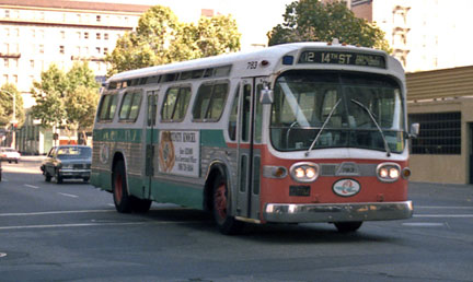 AC Transit bus 783 in downtown Oakland in August 1986.
