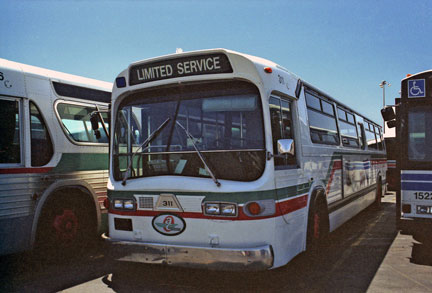 This bus was built from the bottom half of GMC bus 311 and the top half of one of the 40-foot Flyer buses. Picture was taken in the Hayward Yard in August 1987. 