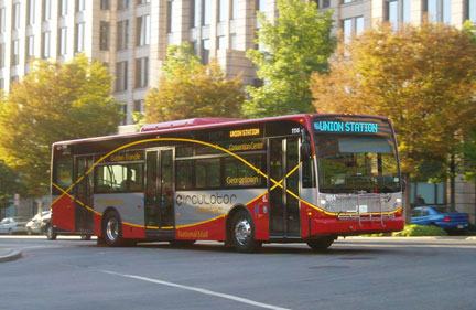 Washington Cjrculator bus 1114 was part of a group of Van Hool buses ordered by AC Transit and sold before being used in East Bay transit service.