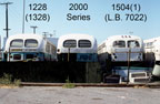 Retired AC Transit buses 1228, 2000 series and former Long Beach 7022 with engine removed in August 1978.