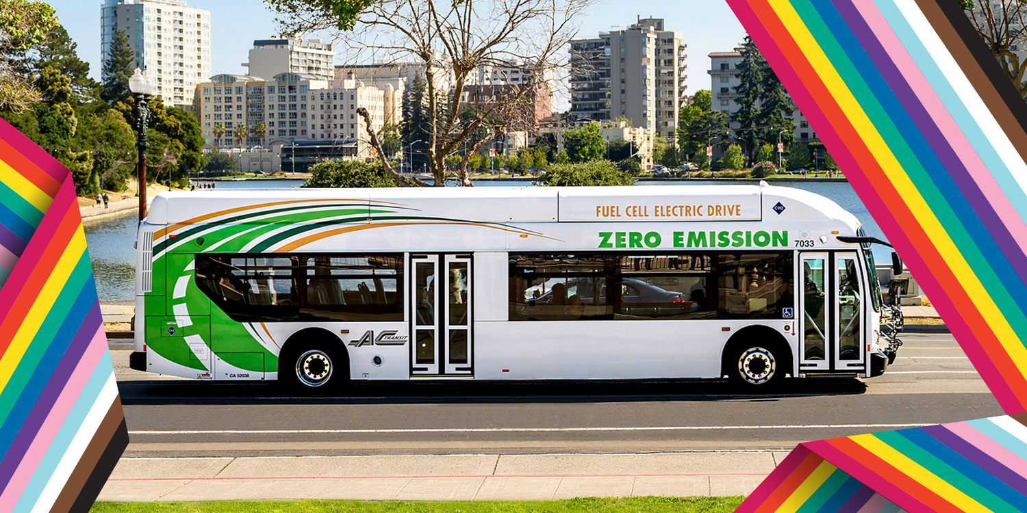 AC Transit bus with Pride Flag Surrounding