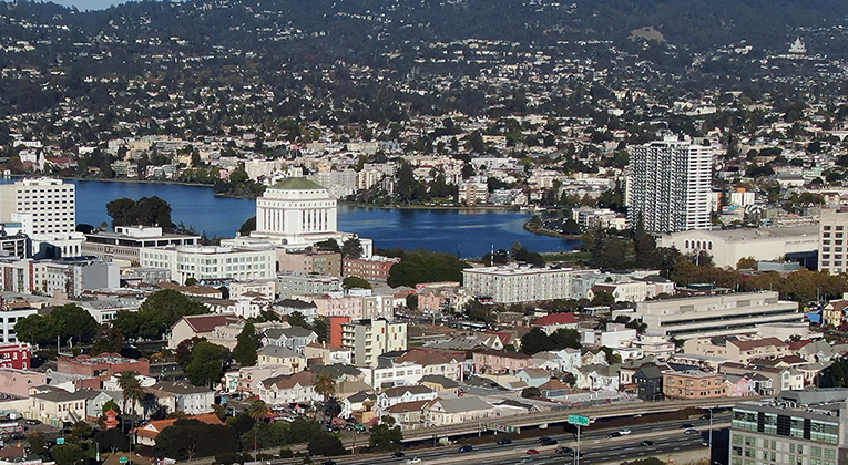 Aerial view of Oakland, looking towards the hills