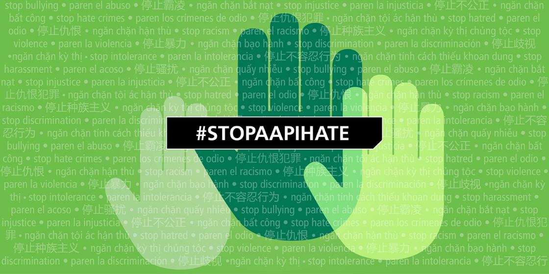 Three animated hands held outward with #StopAAPIHate overlaid on graphic