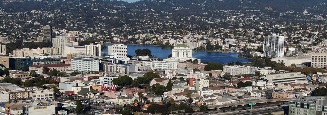Aerial view of Downtown Oakland, looking towards the hills