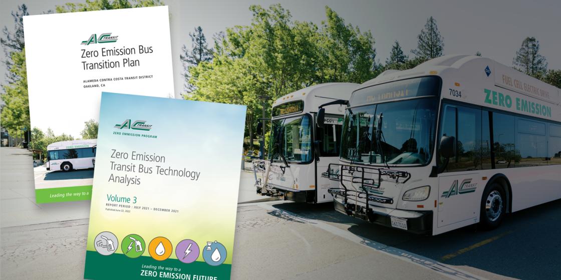 AC Transit report covers with new zero emission buses parked in background