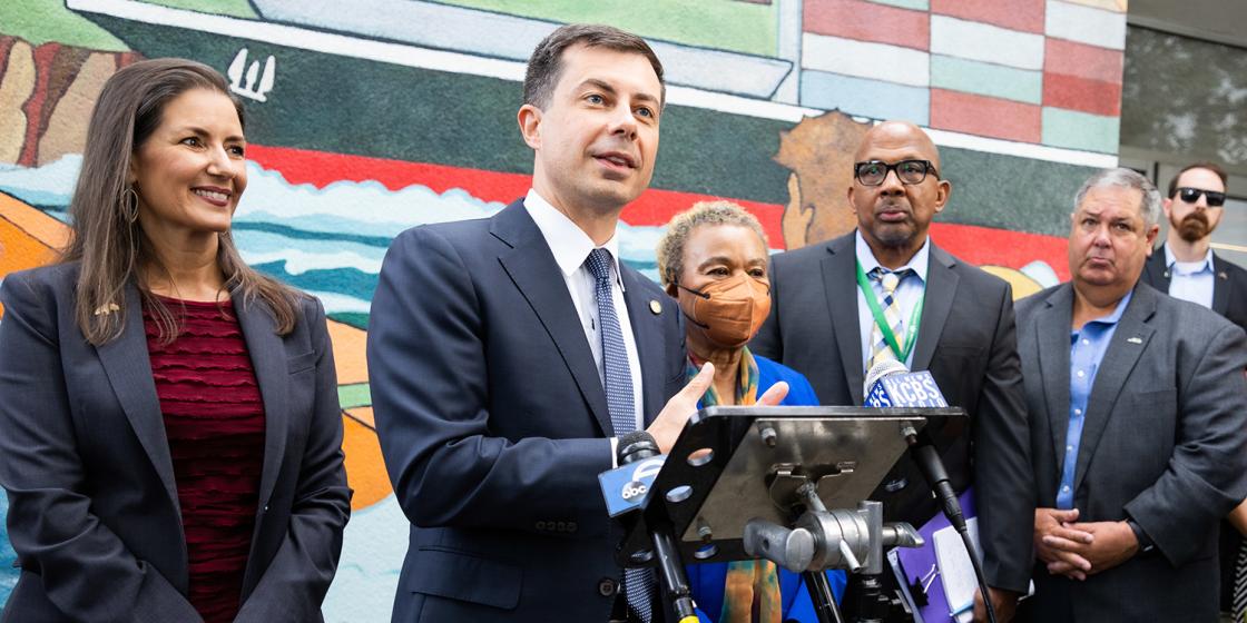 US Secretary of Transportation Pete Buttigieg addresses reporters