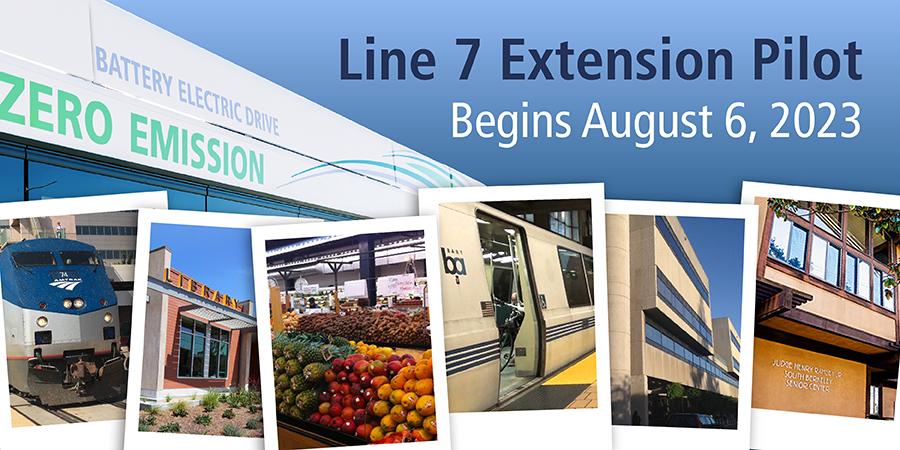 A graphic with photos of an Amtrak train, a BART train, and a fruit market with text that reads, "Line 7 Extension Pilot Begins August 6, 2023." 