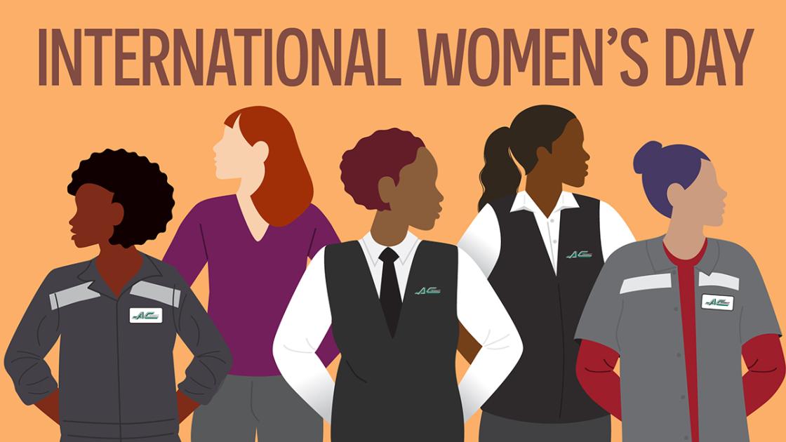 a graphic with 5 drawn women in AC Transit uniforms and text that reads, "International Women's Day"