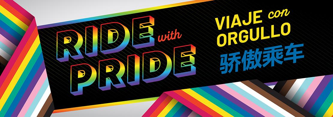 Illustrated Banner with the Pride Flag and the text "Ride with Pride"