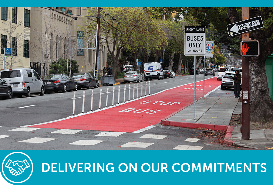 photo of a bus only lane with the words delivering on our commitments