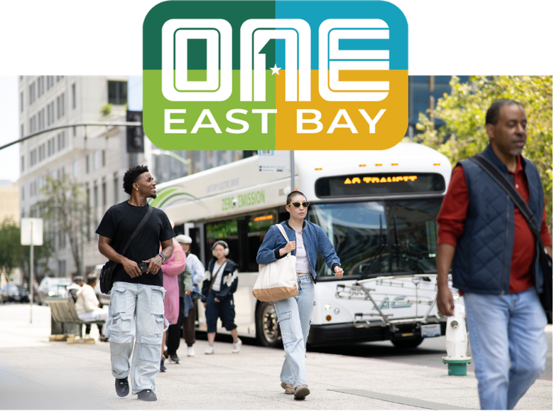 people walking ner AC Transt Bus, wit One East Bay Logo