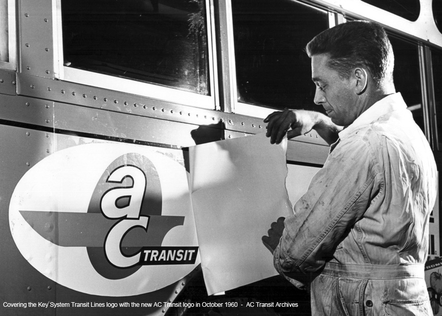 The AC Transit emblem replaces the Key System emblem in October 1960 on a 1300 series bus.