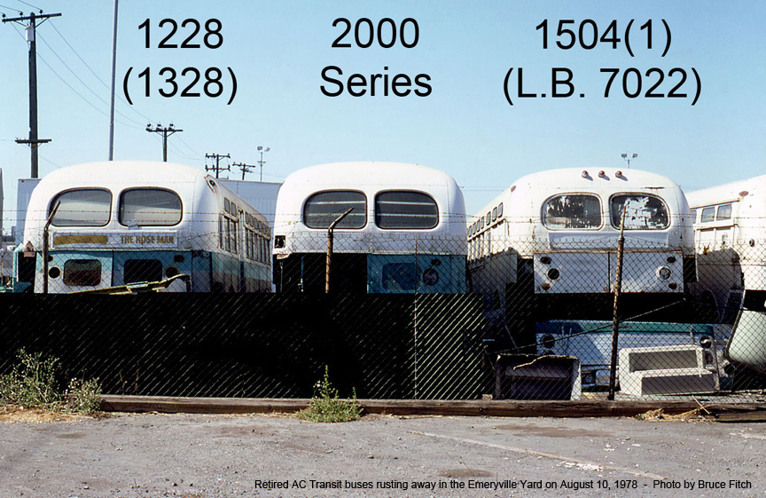 Retired AC Transit buses 2506, 2518 and former Long Beach 7012 with engine removed in August 1978.