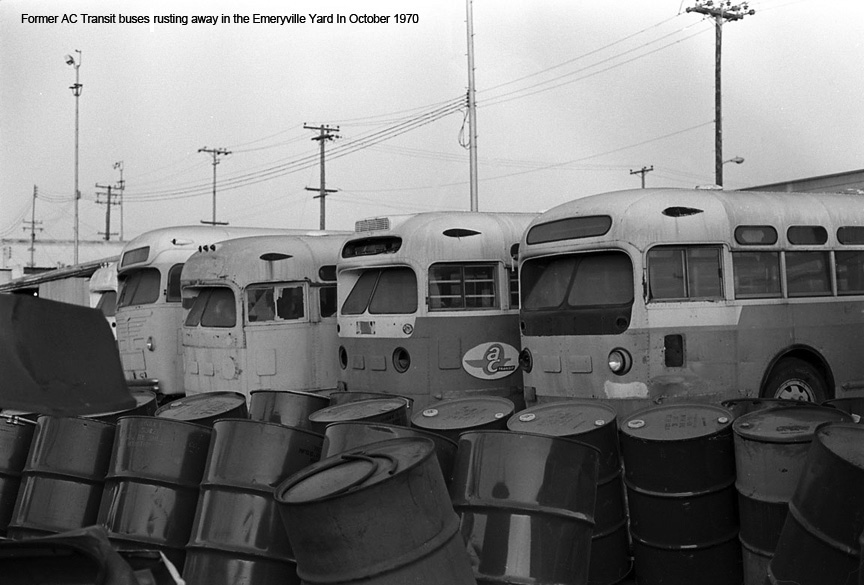 Retired AC Transit buses 1228, 2000 series and former Long Beach 7022 with engine removed in August 1978.