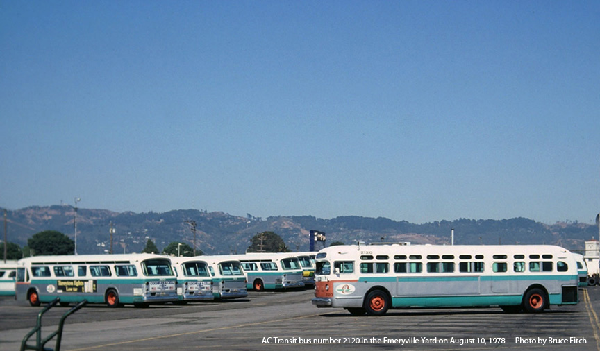 AC Transit bus number 2120 in the Emeryville Yard on August 10, 1978.
