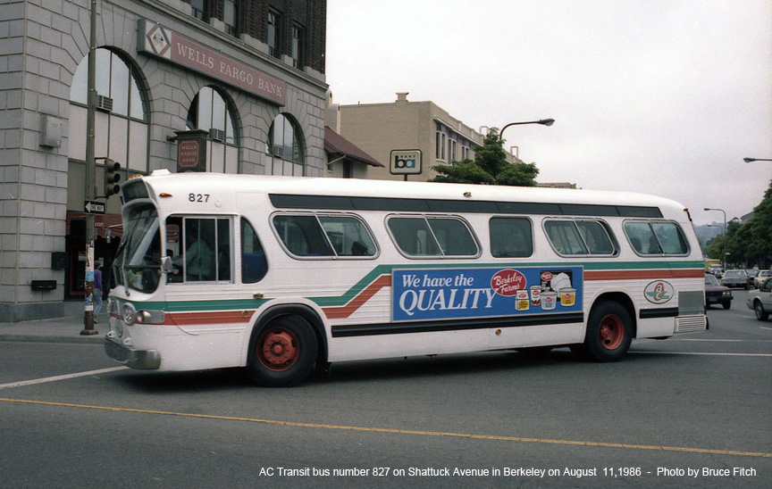 AC Transit bus 827 in Berkeley in August 1986.