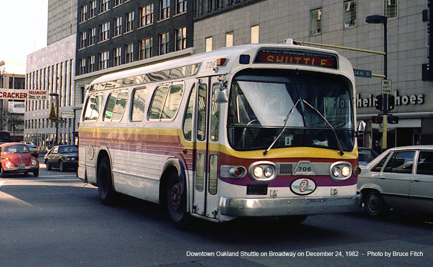 Rebuilt bus 706 in downtown Oakland in December 1982.