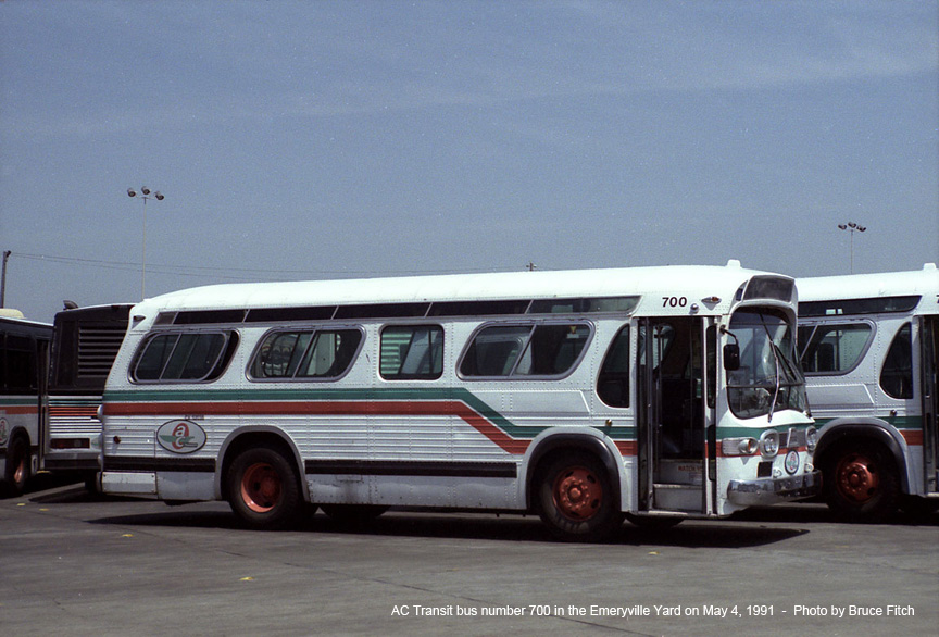 Rebuilt bus 700 in Emeryville Yard on May 4, 1991.