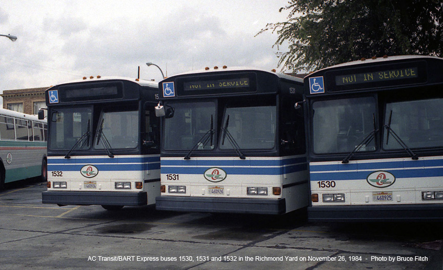 AC Transit/BART buses 1530, 1531 and 1532 in Richmond Yard in November 1984.