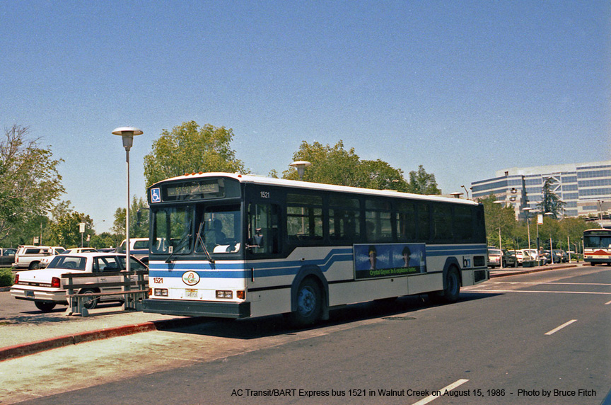 AC Transit/BART bus 1521 in Walnut Creek in August 1986.