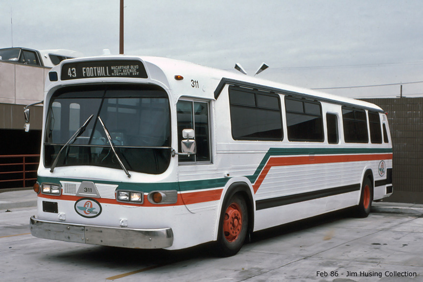 This bus was built from the bottom half of GMC bus 311 and the top half of one of the 40-foot Flyer buses. Picture was taken in the Hayward Yard in August 1987. 