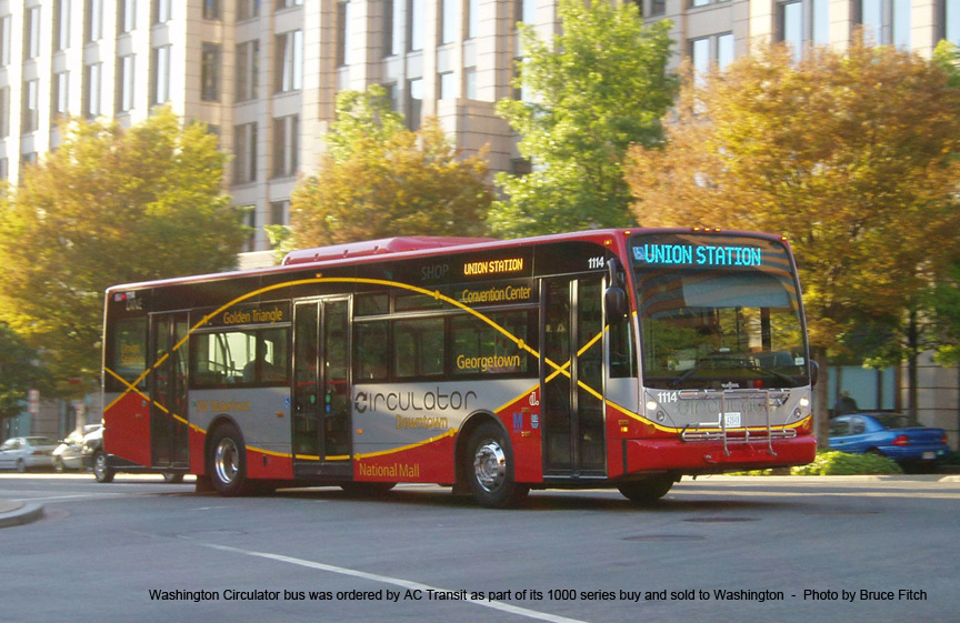 Washington Circulator bus 1114 was part of a group of Van Hool buses ordered by AC Transit and sold before being used in East Bay transit service.